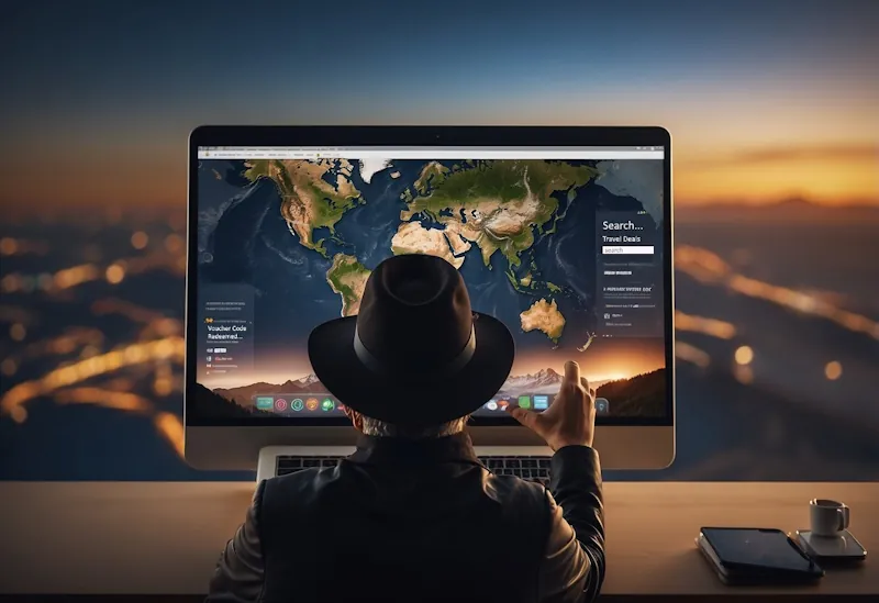 A traveller searches online for hidden travel deals using discount codes and vouchers, clicking through various websites to find the best deals