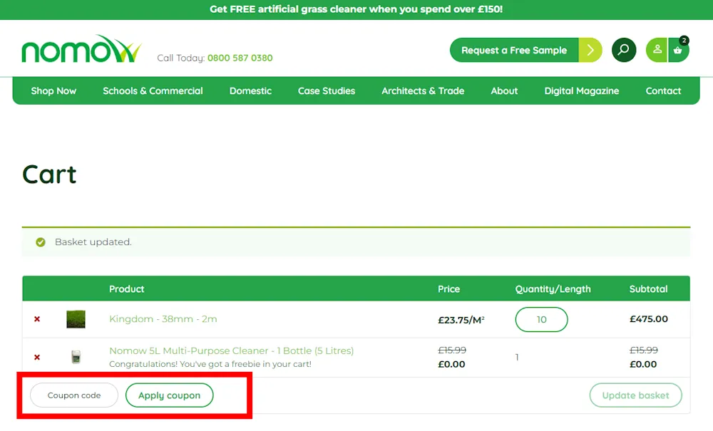 How to enter a Nomow voucher code in the checkout area on nomow.co.uk.