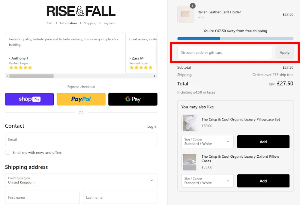 How to enter a Rise & Fall coupon code at checkout on riseandfall.co