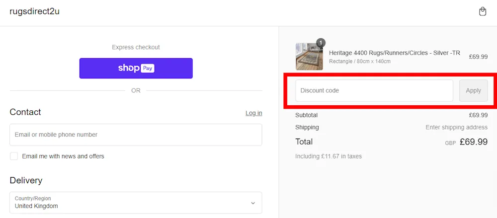 Verified instructions on how to enter our Rugs Direct 2U voucher code at checkout.