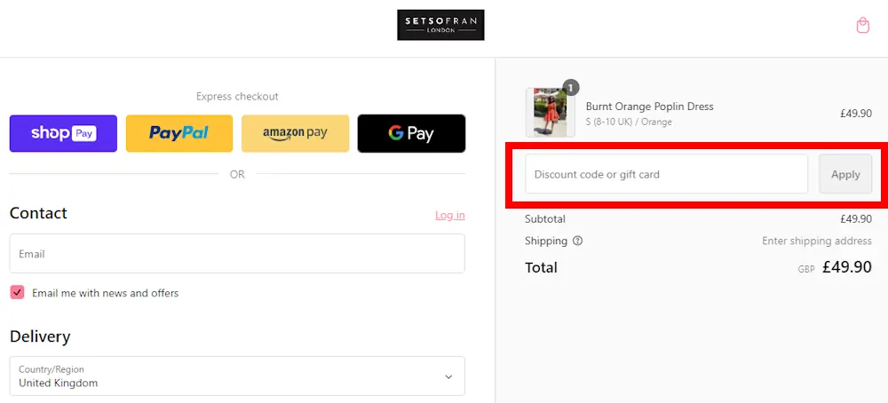 Screenshot showing where to apply a SETSOFRAN London promo code during checkout on www.setsofran.com.