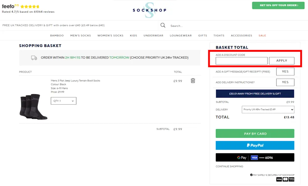 Image on how to enter a SOCKSHOP voucher code on www.sockshop.co.uk