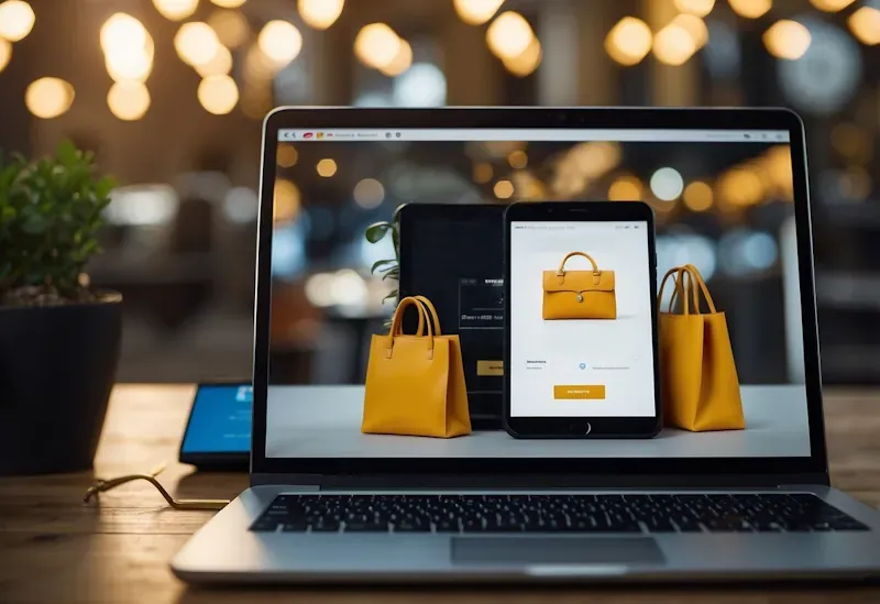 A laptop displaying online shopping with several shopping bags around it, symbolizing safe and secure online shopping.