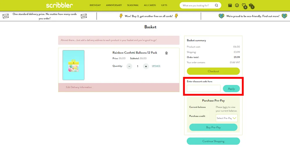 Instructions how to enter a discount code for Scribbler on www.scribbler.com.