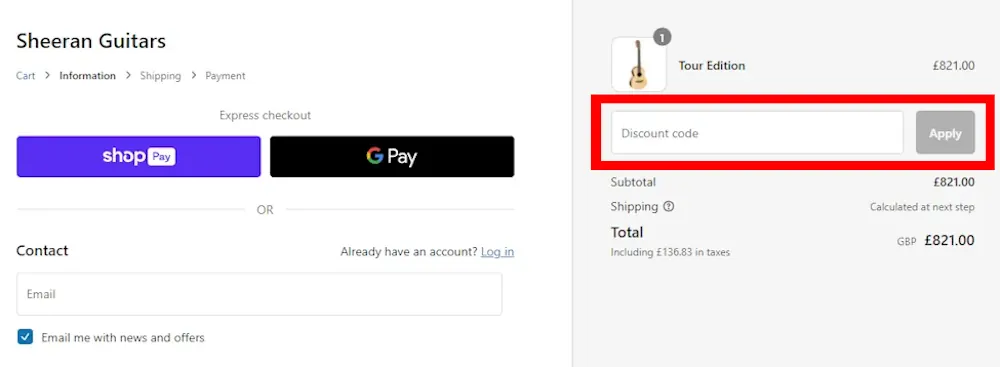 Instructions how to enter a discount code for Sheeran Guitars on www.sheeranguitars.com