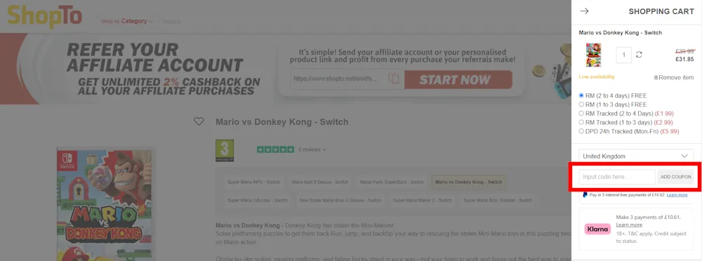 Instructions how to enter a discount code for ShopTo on www.shopto.net