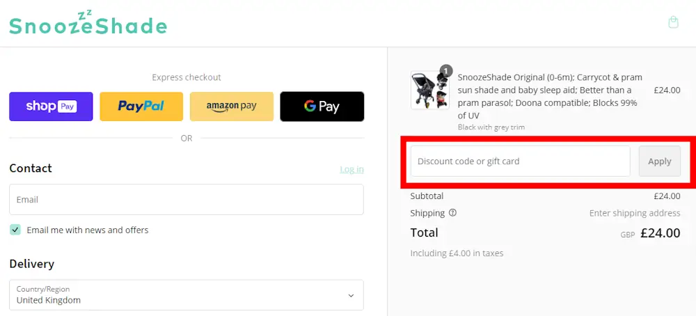 Screenshot showing where to apply a SnoozeShade discount code during checkout on www.snoozeshade.com.