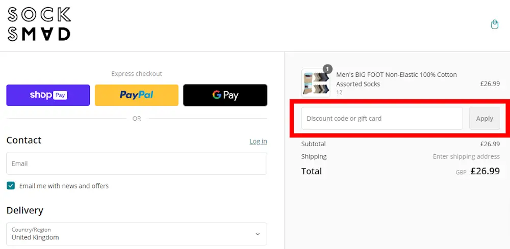 Screenshot showing where to apply a SocksMad promo code during checkout on www.socksmad.co.uk.