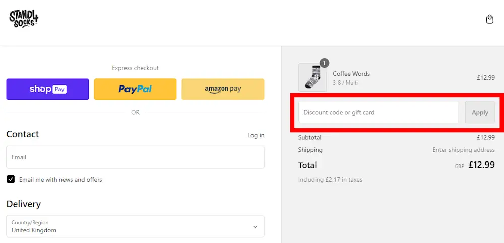 Image on how to enter a Stand4 Socks voucher code on www.stand4socks.com.