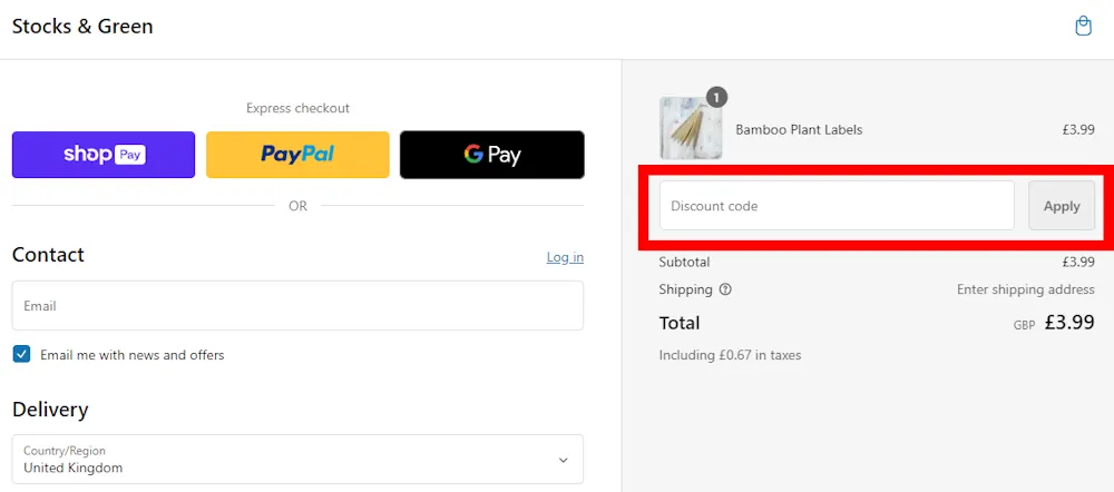 Image on how to enter a Stocks & Green voucher code on www.stocksandgreen.com