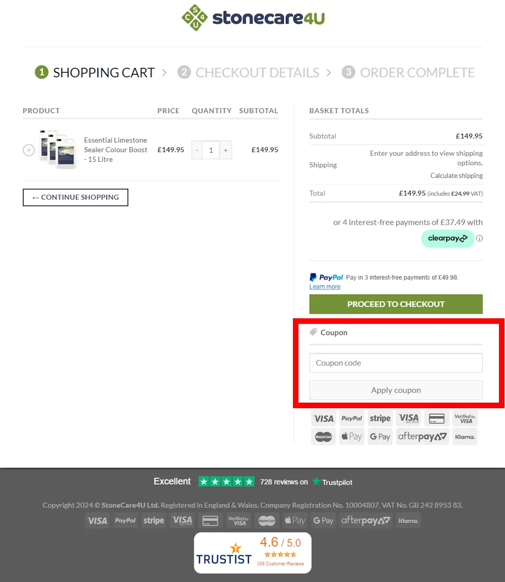 Image on how to enter a StoneCare4U voucher code on www.stonecare4u.co.uk