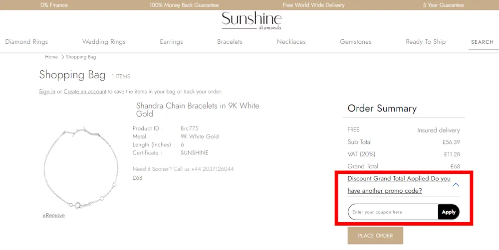 How to enter a Sunshine Diamonds voucher code in the checkout area on sunshinediamonds.com.