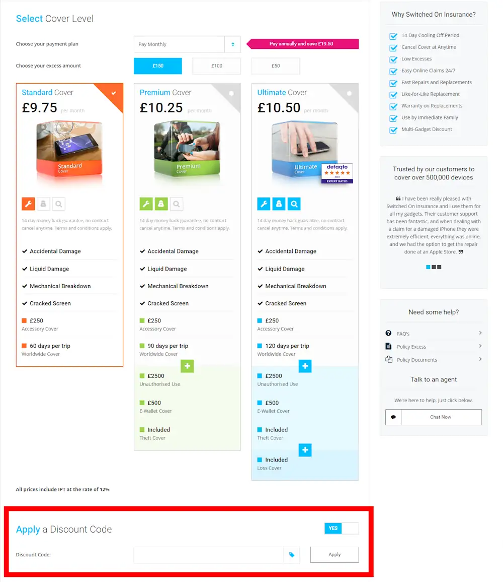 Screenshot showing where to apply a Switched On Insurance promo code at checkout on www.switchedoninsurance.com
