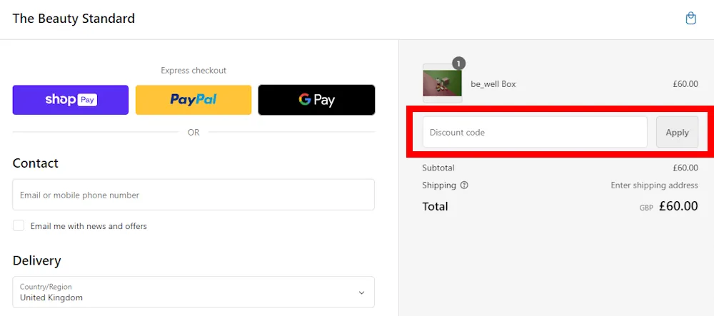 Screenshot showing where to apply a The Beauty Standard discount code during checkout on beautystandard.co.uk.