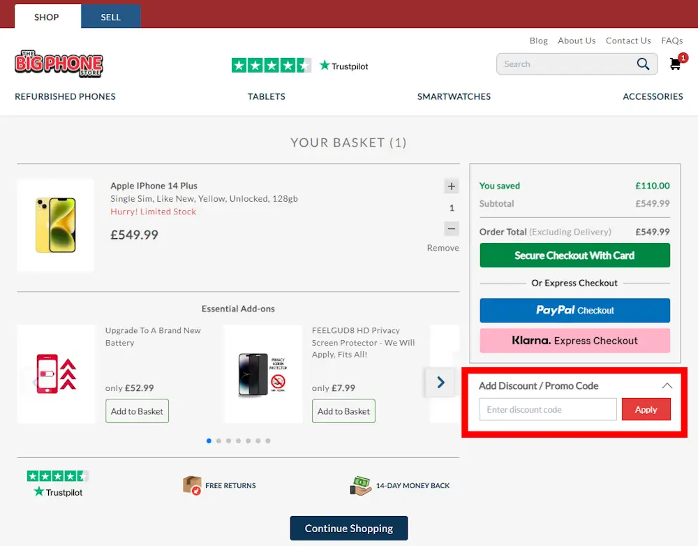 Image of how to enter a The Big Phone Store voucher code on www.thebigphonestore.co.uk