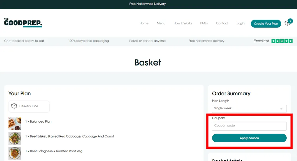 Image of how to enter a The Good Prep voucher code on www.thegoodprep.com