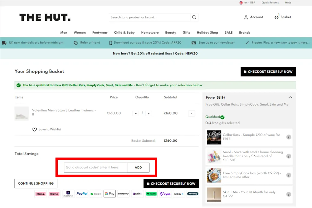 Image of how to enter The Hut voucher code for a discount on www.thehut.com