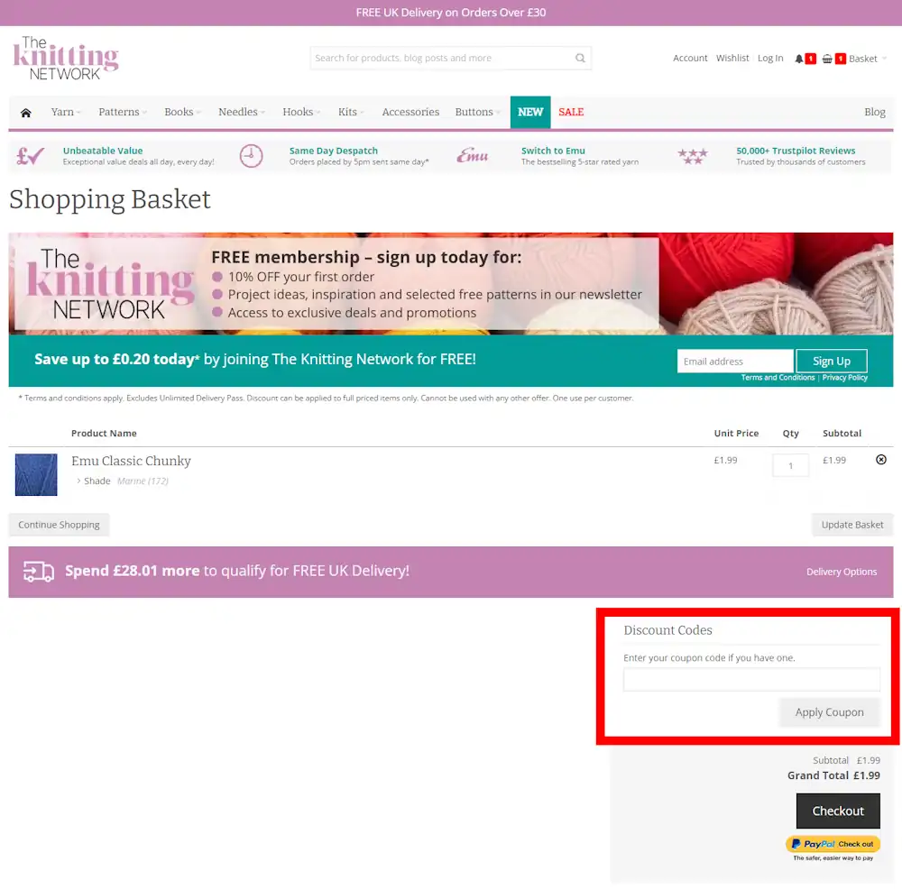 Image of how to enter The Knitting Network voucher code on www.theknittingnetwork.co.uk