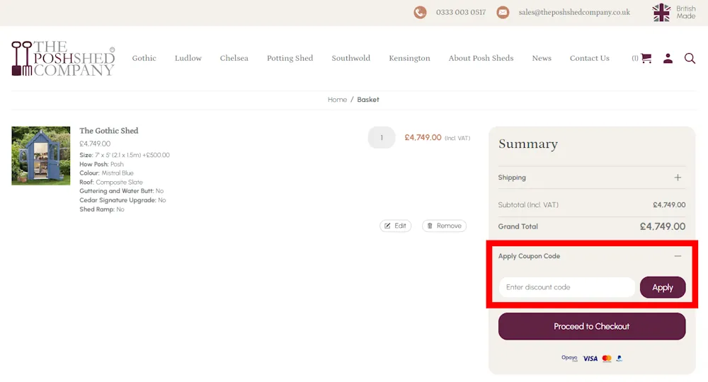 How to enter a The Posh Shed Company voucher code in the checkout area on theposhshedcompany.co.uk.