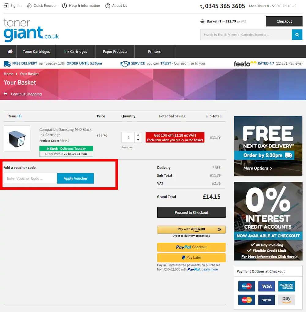 Screenshot where to enter your TonerGiant voucher on www.tonergiant.co.uk
