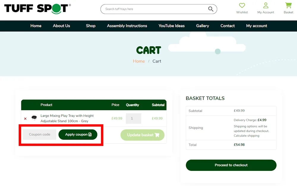 Instructions how to enter a verified discount code for Tuff Spot on tuffspot.co.uk.