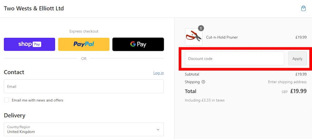Screenshot showing where to apply a Two Wests & Elliott discount code during checkout on www.twowests.co.uk.