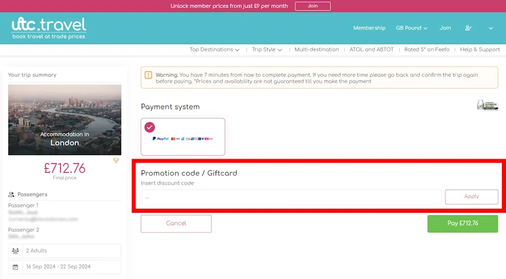 Instructions how to enter a verified discount code for Ultimate Travel Club on https://utc.travel/
