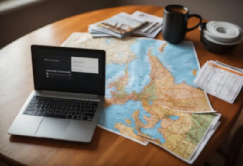 A table with a laptop, travel brochures, and a stack of vouchers. A map on the wall and a calendar with marked dates