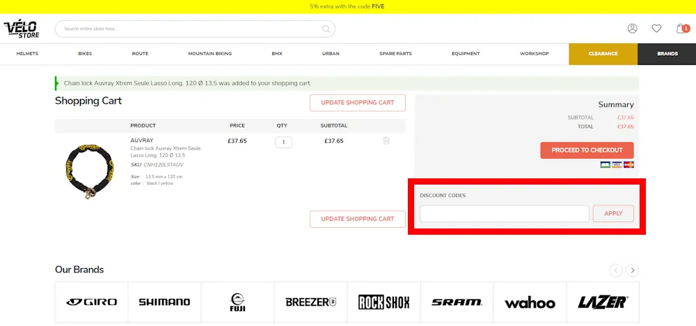 Instructions how to enter a verified discount code for Velo Store on velo-store.co.uk