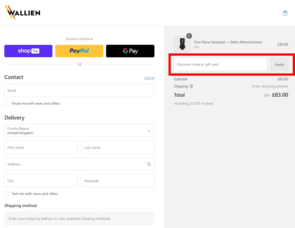 Screenshot showing where to apply a WALLIEN discount code during checkout on www.wallien.com.
