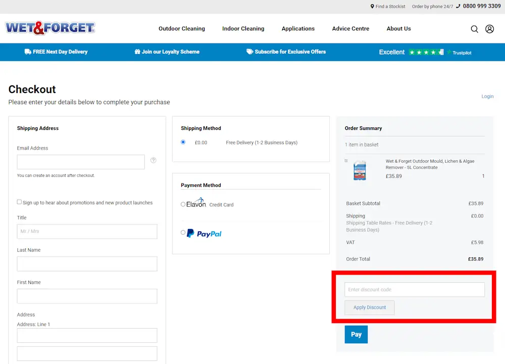 Screenshot how to enter a Wet & Forget voucher code at checkout