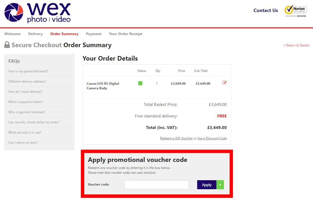 Instructions how to enter a discount code for Wex Photo Video on www.wexphotovideo.com.