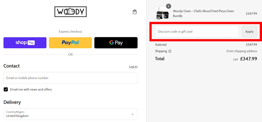 How to enter a Woody Oven voucher code at checkout on https://woodyoven.com/