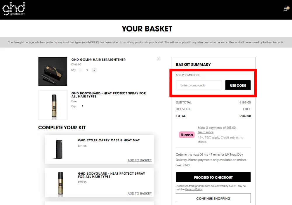 Screenshot on how to use a ghd voucher code on www.ghdhair.com