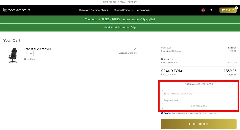 How to enter a noblechairs voucher code in the checkout area on noblechairs.co.uk.
