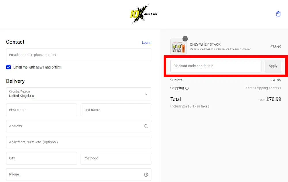 How to enter a 10X Athletic voucher code in the checkout area on 10xathletic.com