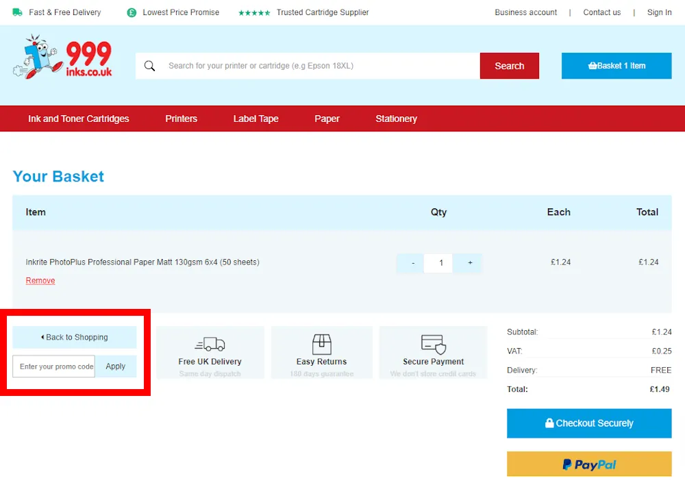Screenshot showing where to apply a 999inks discount code during checkout on 999inks.co.uk