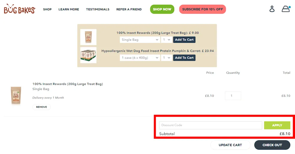 How to enter a Bug Bakes voucher code in the checkout area on bugbakes.co.uk.