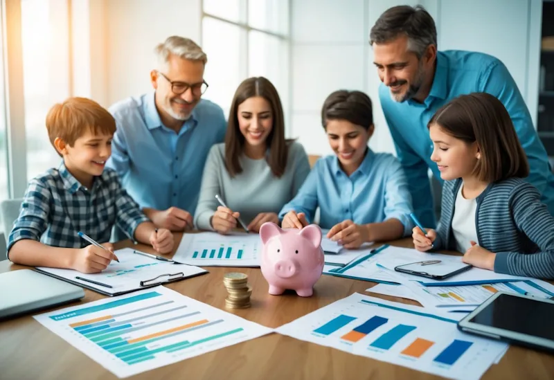 A family sitting around a table with a budgeting spreadsheet, piggy bank, and financial documents spread out in front of them