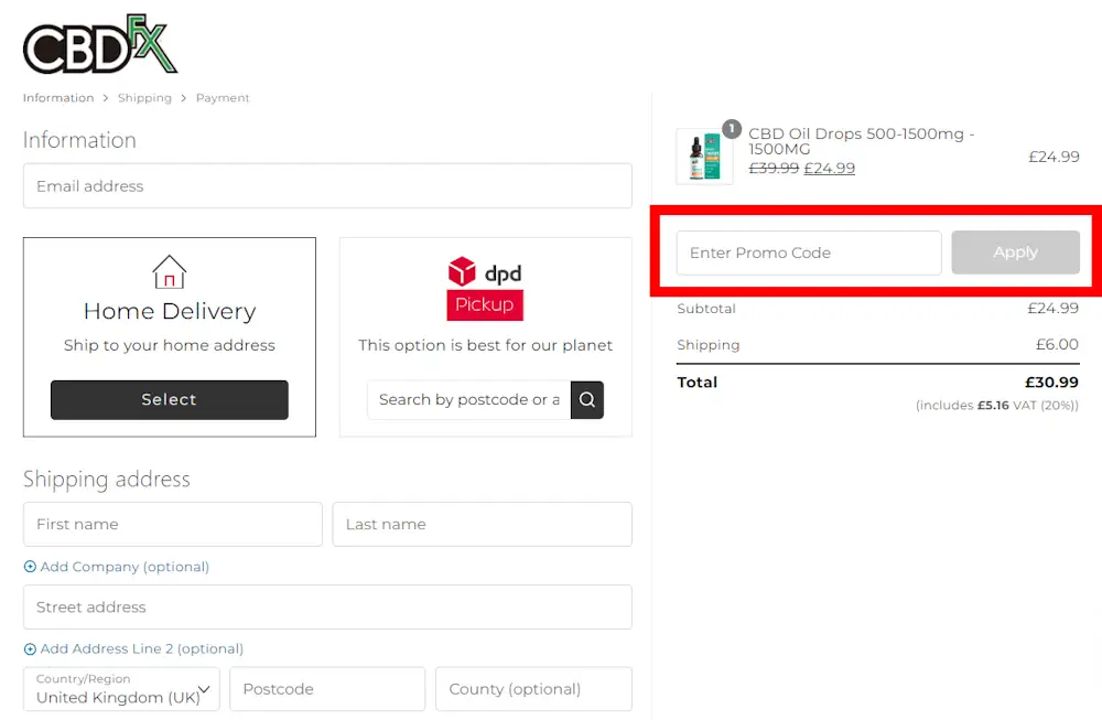 Screenshot showing where to apply a CBDfx promo code during checkout on cbdfx.co.uk