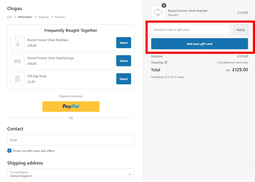 Screenshot how to enter a Clogau discount code on clogau.co.uk.