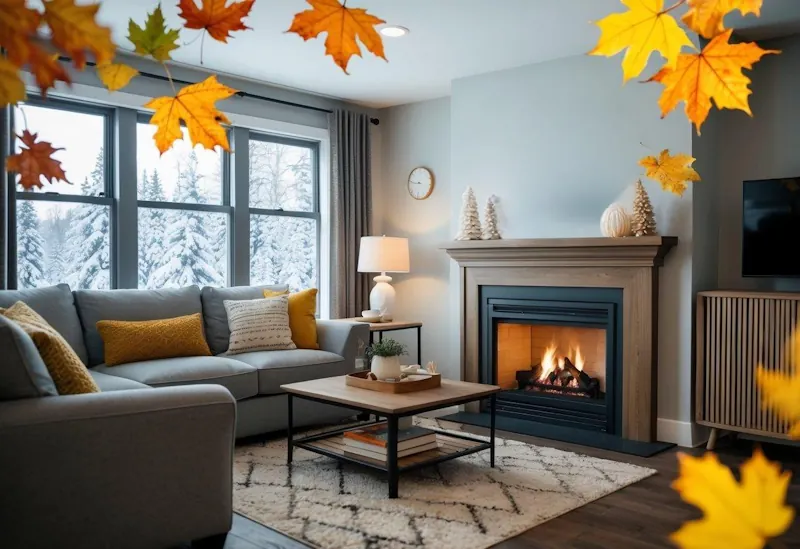 A cosy living room with a fireplace, surrounded by autumn leaves and winter snowflakes outside, with a calendar showing different seasonal activities
