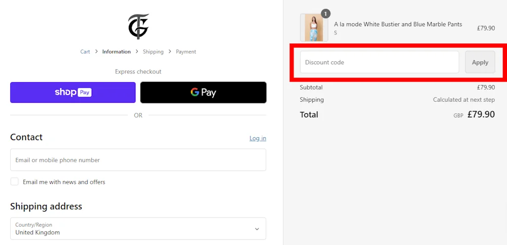 Verified instructions on how to enter a GT London voucher code in the checkout area on gt-london.com.