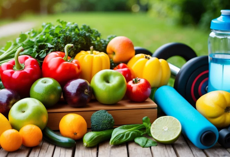 A colourful assortment of fresh fruits and vegetables arranged on a wooden table, surrounded by exercise equipment and a water bottle