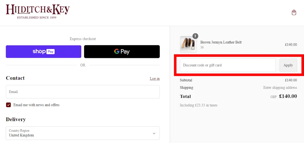 How to enter a Hilditch & Key voucher code in the checkout area on hilditchandkey.co.uk