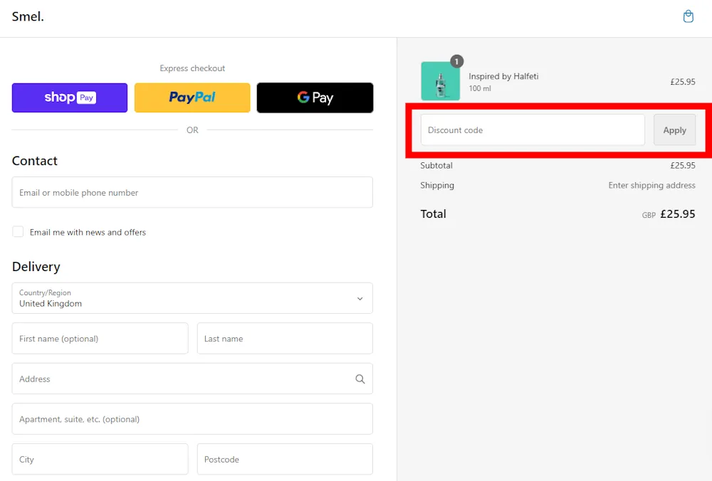Image on how to enter a Smel voucher code on www.yousmel.com