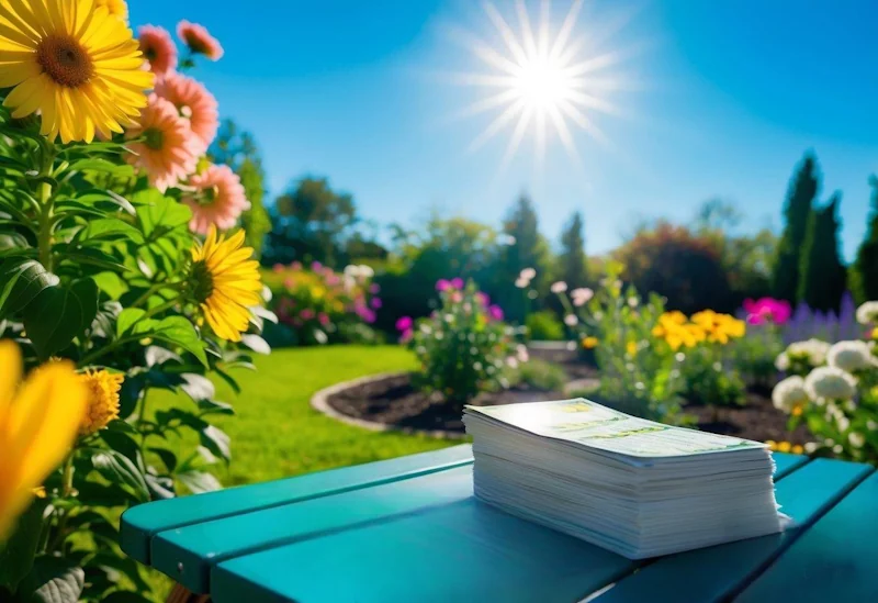 A vibrant garden with blooming flowers, a shining sun, and a clear blue sky, with a stack of money-saving tips and coupons scattered across a picnic table