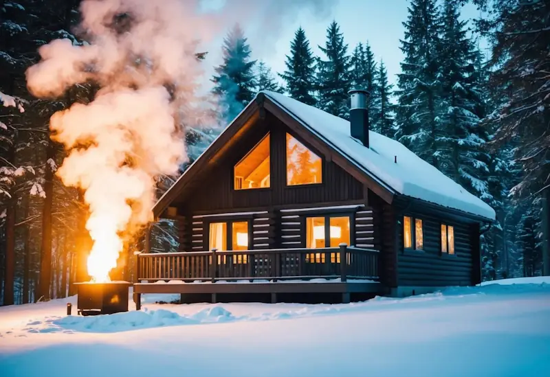 A cosy cabin nestled in a snowy forest, with smoke rising from the chimney and a warm glow emanating from the windows