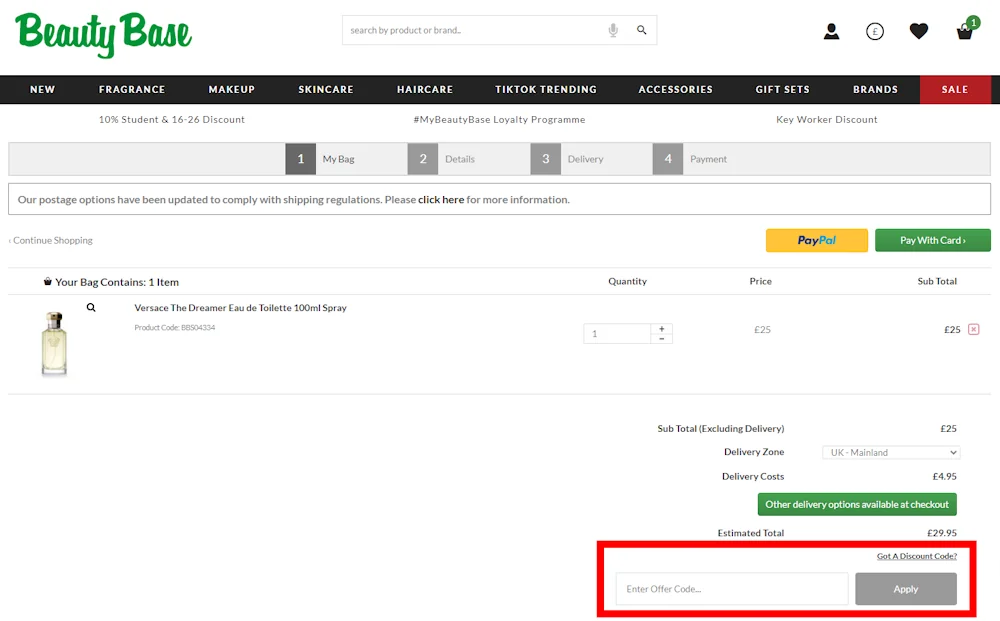 Screenshot showing where to apply a Beauty Base discount code during checkout on beautybase.com.
