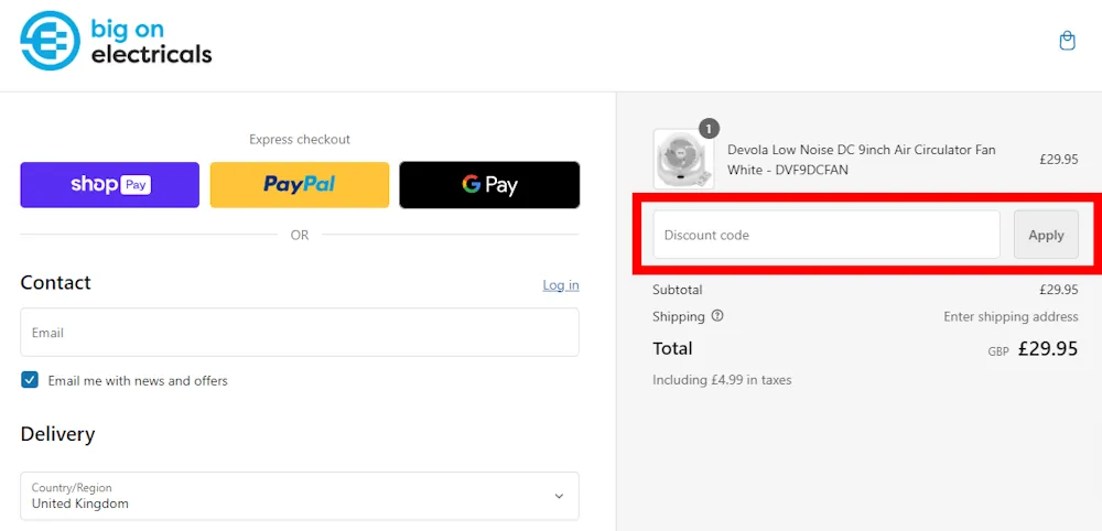 Screenshot showing where to apply a Big On Electricals discount code during checkout on bigonelectricals.co.uk.